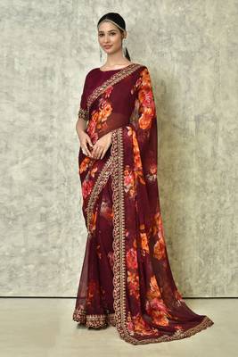 Designer georgette printed and lace work saree with blouse piece 1