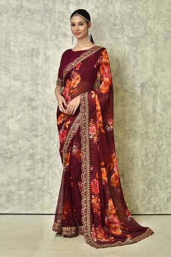 Designer georgette printed and lace work saree with blouse piece