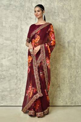 Designer georgette printed and lace work saree with blouse piece 2