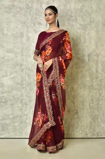 Designer georgette printed and lace work saree with blouse piece