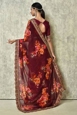 Designer georgette printed and lace work saree with blouse piece 3