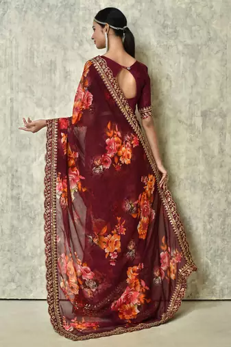Designer georgette printed and lace work saree with blouse piece