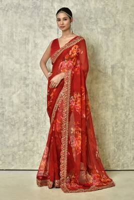Designer georgette printed and lace work saree with blouse piece 1