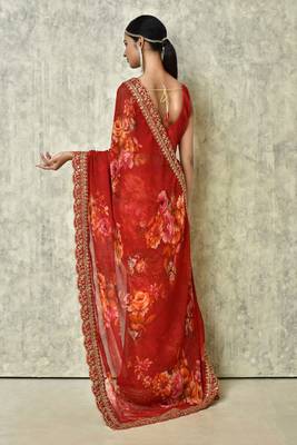 Designer georgette printed and lace work saree with blouse piece 2
