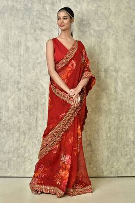 Designer georgette printed and lace work saree with blouse piece 3