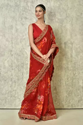 Designer georgette printed and lace work saree with blouse piece