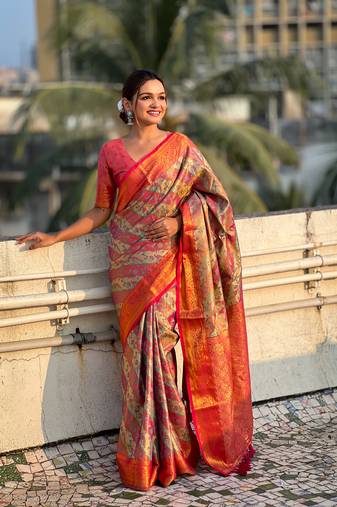 Pink dharmavaram silk wevon laheriya meenakari designer traditional heavy rich looks saree