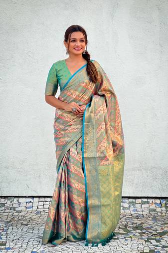 Blue dharmavaram silk wevon laheriya meenakari designer traditional heavy rich looks saree