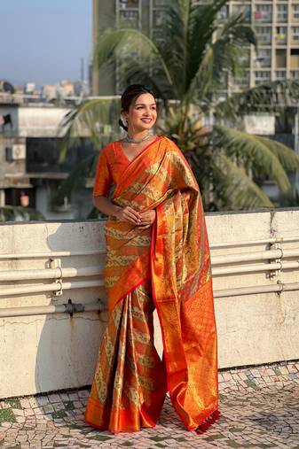 Red dharmavaram silk wevon laheriya meenakari designer traditional heavy rich looks saree