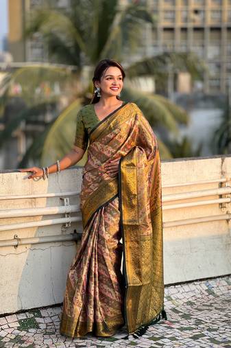 Green dharmavaram silk wevon laheriya meenakari designer traditional heavy rich looks saree