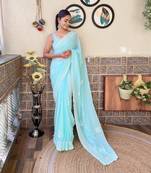 Sky blue georgette c sequins embroidery cut work girlie saree