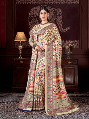 Yellow digital printed pashmina saree with shawl 1