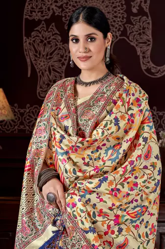 Yellow digital printed pashmina saree with shawl
