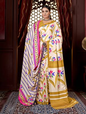 Mustard digital printed pashmina saree with shawl 1