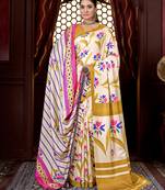 Mustard digital printed pashmina saree with shawl