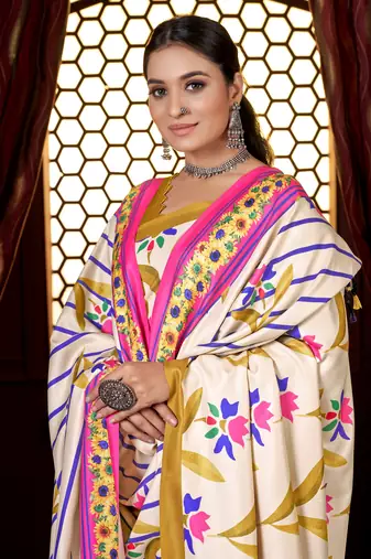 Mustard digital printed pashmina saree with shawl
