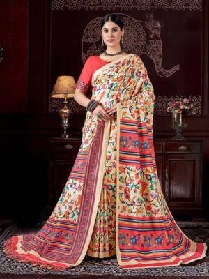 Cream digital printed pashmina saree with shawl 1