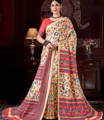Cream digital printed pashmina saree with shawl