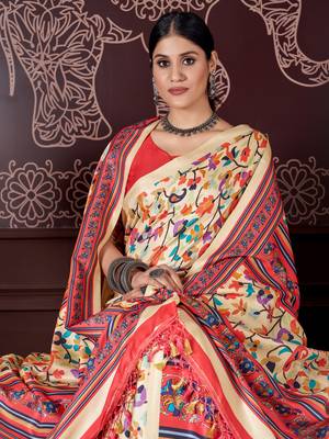 Cream digital printed pashmina saree with shawl 2