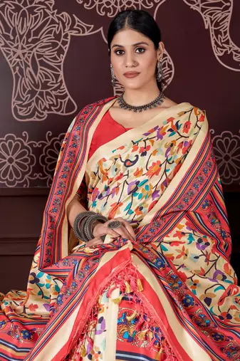 Cream digital printed pashmina saree with shawl