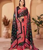 Black designer digital printed pashmina saree with shawl
