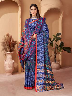 Blue digital printed pashmina saree with shawl 1