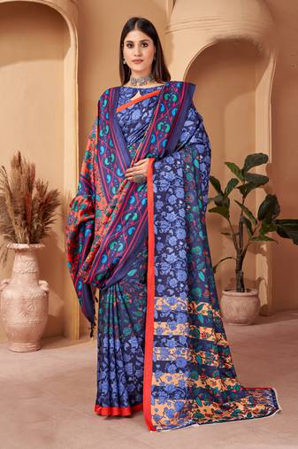 Blue designer digital printed pashmina saree with shawl