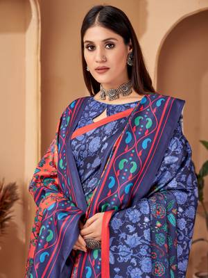 Blue digital printed pashmina saree with shawl 2