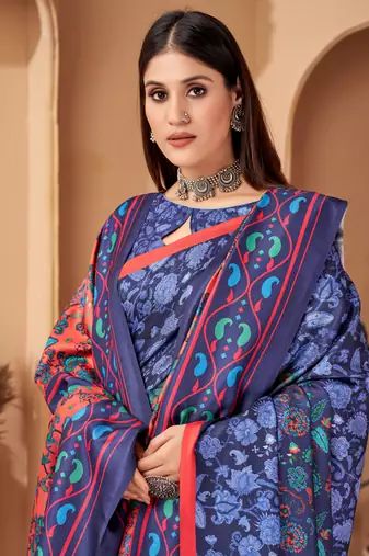 Blue digital printed pashmina saree with shawl