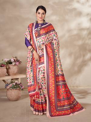 Cream digital printed pashmina saree with shawl 1