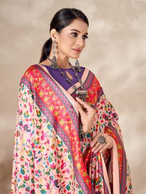 Cream digital printed pashmina saree with shawl 2