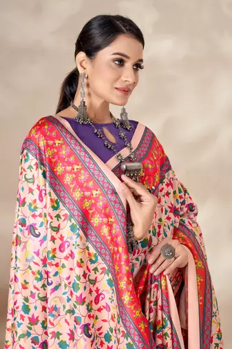 Cream digital printed pashmina saree with shawl