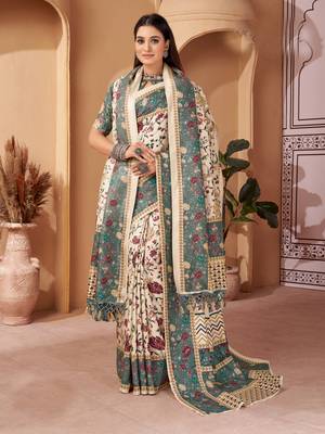 Green digital printed pashmina saree with shawl 1