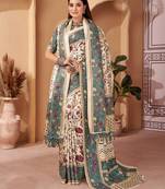 Green digital printed pashmina saree with shawl