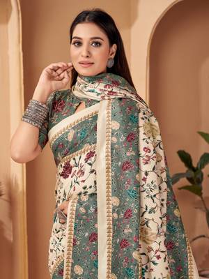 Green digital printed pashmina saree with shawl 2