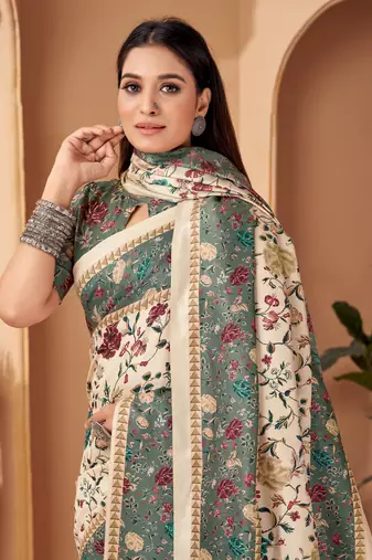 Green digital printed pashmina saree with shawl