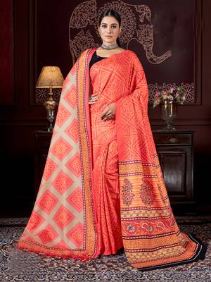 Orange digital printed pashmina saree with shawl 1