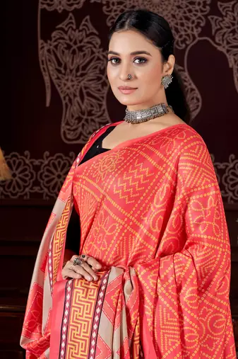 Orange digital printed pashmina saree with shawl