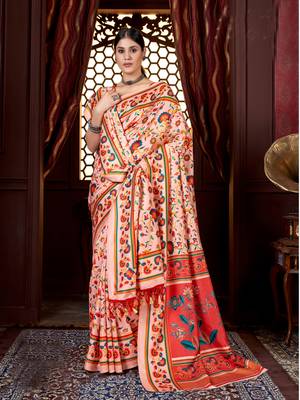 Cream digital printed pashmina saree with shawl 1