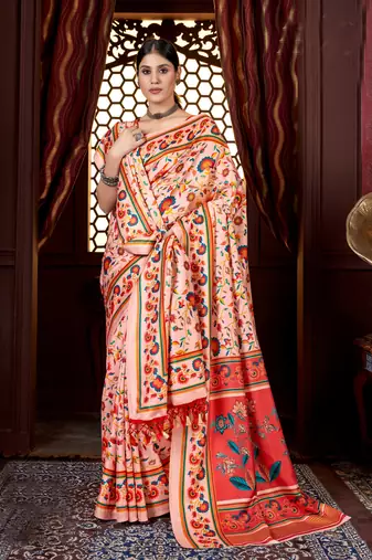 Cream designer digital printed pashmina saree with shawl
