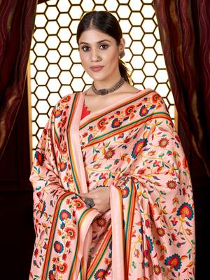 Cream digital printed pashmina saree with shawl 2