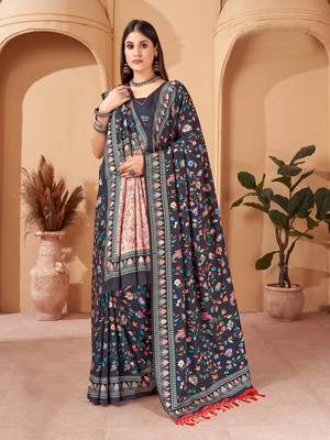 Winter special blue pashmina saree with fancy shawl wedding looks 1