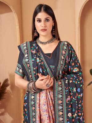 Winter special blue pashmina saree with fancy shawl wedding looks 2