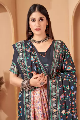Winter special blue pashmina saree with fancy shawl wedding looks
