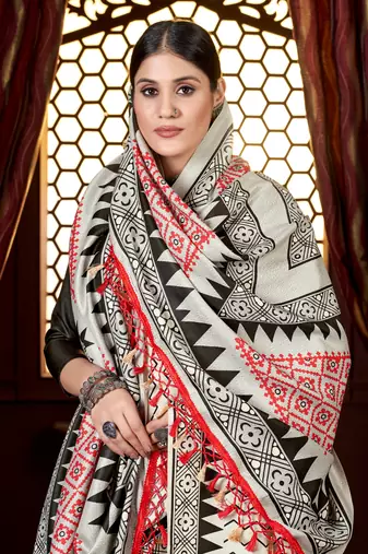 Winter special off white pashmina saree with fancy shawl wedding looks