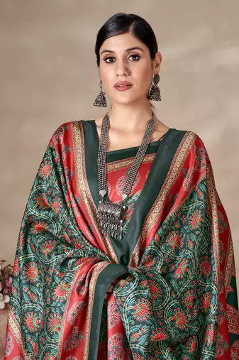 Winter special green pashmina saree with fancy shawl wedding looks