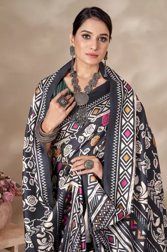 Winter special black pashmina saree with fancy shawl wedding looks
