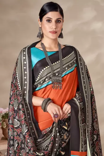 Winter special orange pashmina saree with fancy shawl wedding looks