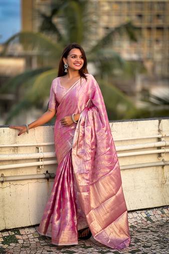 Pink tissue silk saree with weaving jari meenakari designer looks