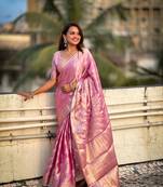 Pink tissue silk saree with weaving jari meenakari designer looks